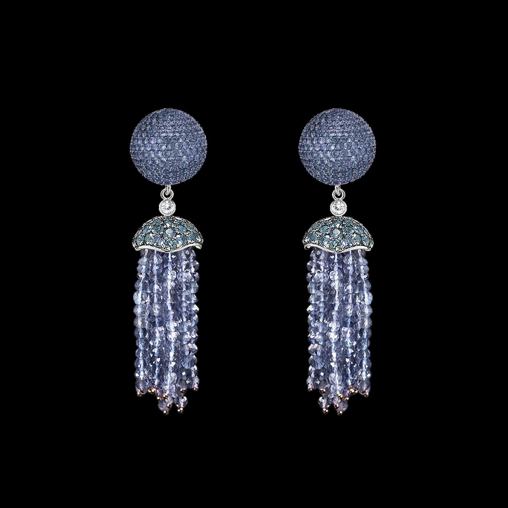 Blue Bauble Tassel Earrings, Earring, Anabela Chan Joaillerie - Fine jewelry with laboratory grown and created gemstones hand-crafted in the United Kingdom. Anabela Chan Joaillerie is the first fine jewellery brand in the world to champion laboratory-grown and created gemstones with high jewellery design, artisanal craftsmanship and a focus on ethical and sustainable innovations.